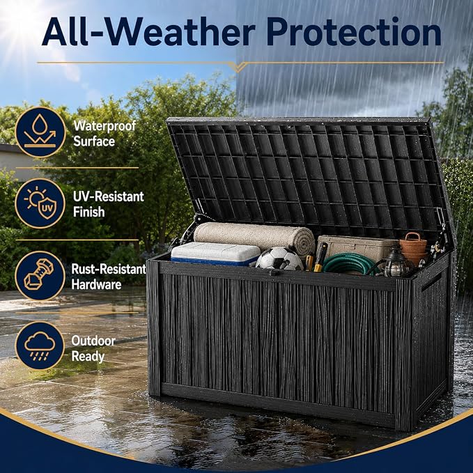 Outdoor Deck Patio Storage Box - 200 Gallon Large Outdoor Deck Box, Plastic Storage Bin with Lid, Outside Toy Box & Pool Storage Container for Cushions, Garden Tools, Towel, Black