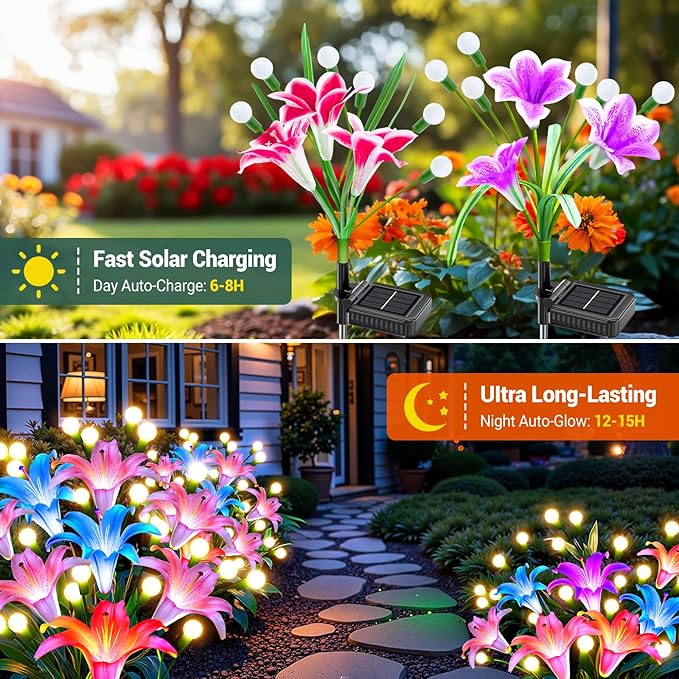 WdtPro Upgraded Solar Garden Lights Outdoor: 4 Pack Solar Firefly Swaying Light with Colorful LED Lily Flower, Waterproof Garden Decor for Yard Patio Pathway Lawn, Gifts for Women (2 Rosy+2 Purple)