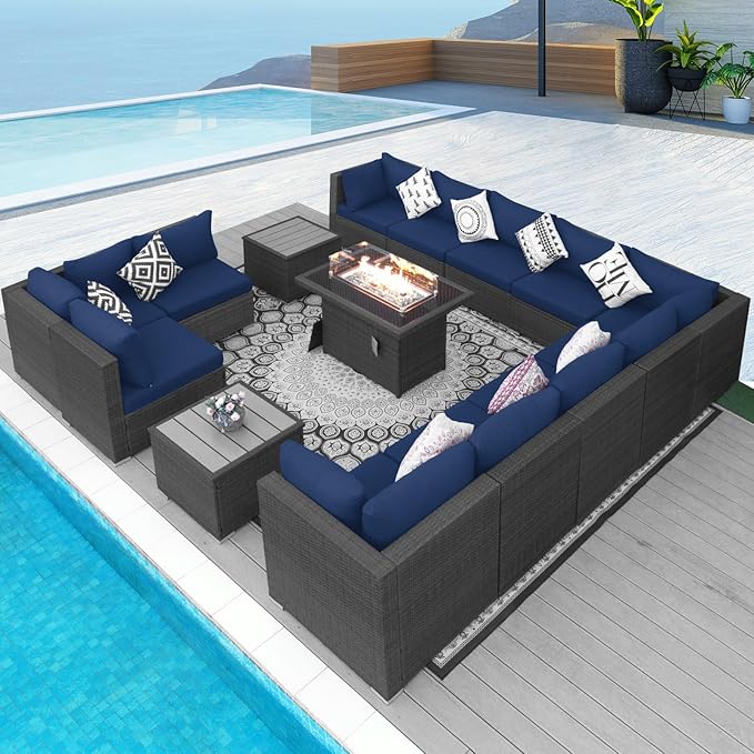 NICESOUL 15 Piece Outdoor Patio Furniture Set with Fire Pit, Extra Large Wide Outdoor Deep Seated Sectional, Cozy 29.3'' High-Back Modular Couch, 500 Lbs High Weight Capacity Wicker Sofa, Gray & Blue