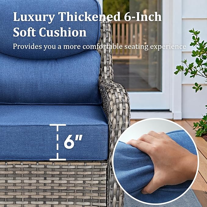 Luxury High Back Patio Furniture Set with 6-Inch Thick Cushions, 5-Pieces Outdoor Furniture with Swivel Chairs, Wicker Conversation Set for Porch, Balcony, Deck and Yard, Grey/Blue