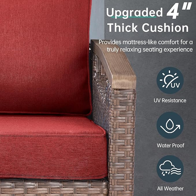 Luxury Outdoor Swivel Rocker Patio Chairs with 2 Ottomans - 4 Piece Heavy Duty Furniture Set All Weather Wicker Conversation Set with Cofort Thick Cushion for Porch Poolside and Deck - Red