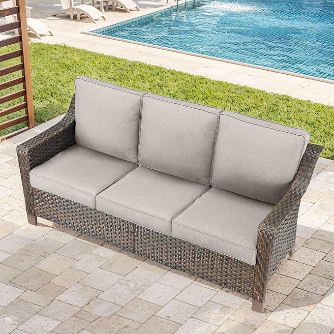Outdoor Couch Wicker Patio Sofa-3-Seat High Back Outdoor Rattan Sofa Outdoor Patio Couch for Deck Balcony Poolside Backyard-Brown/Beige