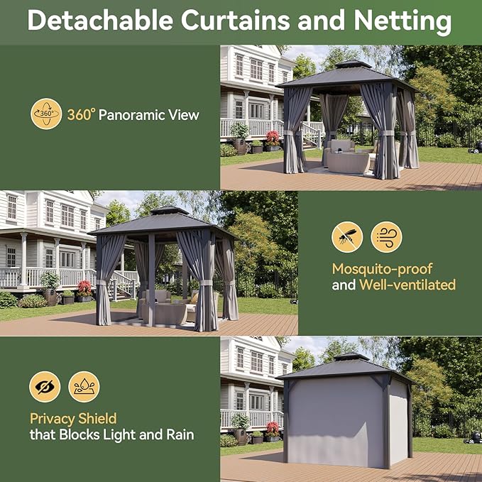 Aoxun 8 FTx 8FT Hardtop Gazebo with Double Galvanized Steel Roof, Outdoor Pavilion with Breathable Netting & Privacy Curtain for Backyard, Patio - Versatile for Family Gatherings, Carport (Gray)