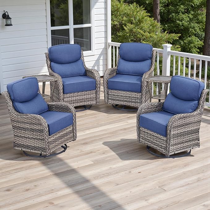 Rilyson Outdoor Patio Furniture Set - Weather Resistant Wicker,High Back,6 inch Cushions,6 Piece Patio Furniture Set with Swivel Rocker Chairs and Side Table for Deck Porch Yard,Mixed Grey/Blue