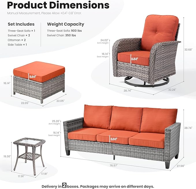 ovios 6 Pieces Patio Furniture Set, Outdoor Wicker Sofa Couch with Rocking Swivel Chairs Comfy Cushions, Modern Deep Seat Rattan Conversation Sets for Deck Porch, Orange Red