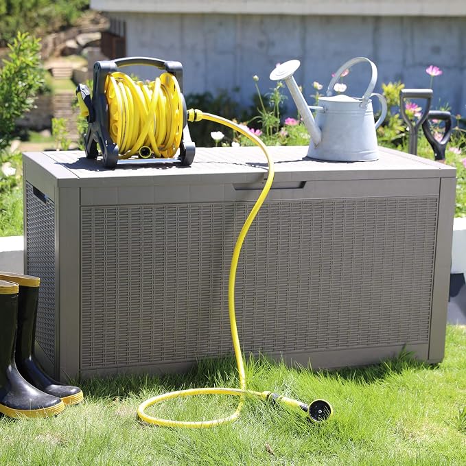 Modern-Depo 100 Gallon Deck Box Waterproof Outdoor Storage Bench | Polypropylene PP Garden Tools Pool Towel Storage Bin Porch Delivery Box, Gray