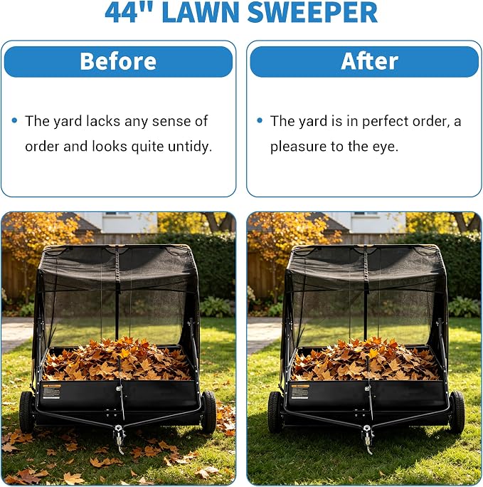 44 Inch Tow Behind Lawn Sweeper, 29 cu.ft Extra-Large Heavy Duty Leaf & Grass Collector, Pull Behind Sweeper with Tool-Free Adjustable Brush Height, Dumping Rope for Riding Mower,Yard Driveway Cleanup
