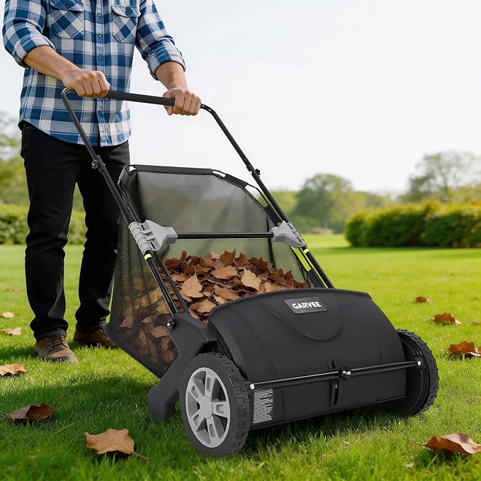21 Inch Push Lawn Sweeper, Heavy Duty Leaf Collector with Dual Spinning Brushes 3.5 Cu. ft. Mesh Bag, Adjustable Height, Walk Behind Grass Sweeper for Leaves, Pine Needles & Yard Debris