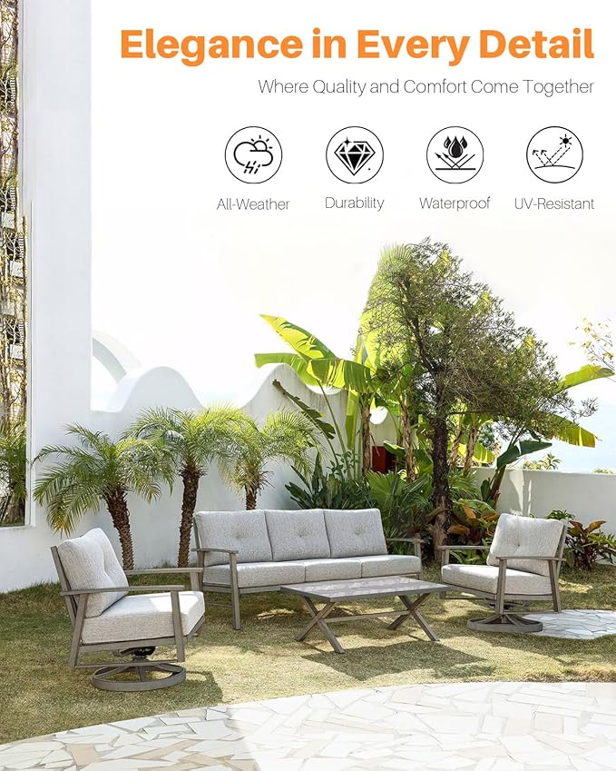 Outdoor Patio Furniture Set, 4 Pieces Aluminum Swivel Chairs Patio Conversation Set with Cushions, All Weather Outdoor Sectional Couch Sofa Set for Deck, Lawn, Poolside, Backyard, Limed Oak