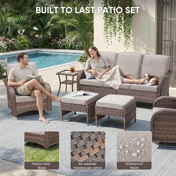 Patio Wicker Swivel Chairs -3 Piece Outdoor Swivel Rocking Chairs with Rattan Side Table, Ergonomic Design for Porch, Deck, Balcony, Garden, and Backyard(Beige)