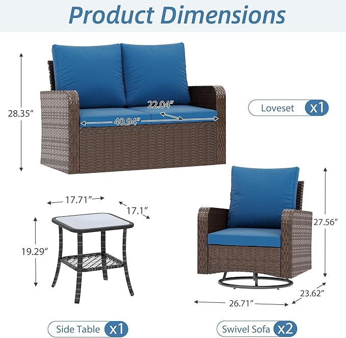 HOMREST 4 Piece Wicker Patio Furniture Set, 360 Degree Outdoor Swivel Patio Chairs w/Coffee Table and Loveseat, Small Patio Furniture Set for Garden, Deck and Poolside, Navy