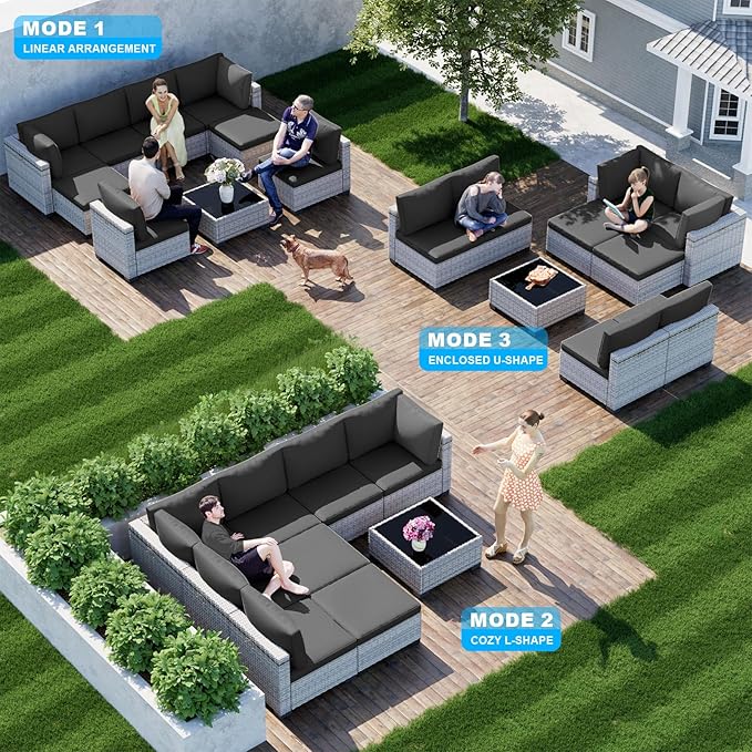 9-Piece Patio Furniture Set, Outdoor with Ottomans, Modular Patio Sofa, Dual-Strand Wicker Rattan, Rust-Resistant Frame, Backyard Furniture for Garden, Deck, Black