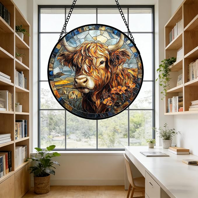 DASTOLL Stained Glass Window Hanging - Funny Cow Flower Suncatcher Ready to Hang Window Doors Home Decoration and Christmas, Mother's Day Birthday Gifts for Women, Men, and Mom 6.3x6.3 in