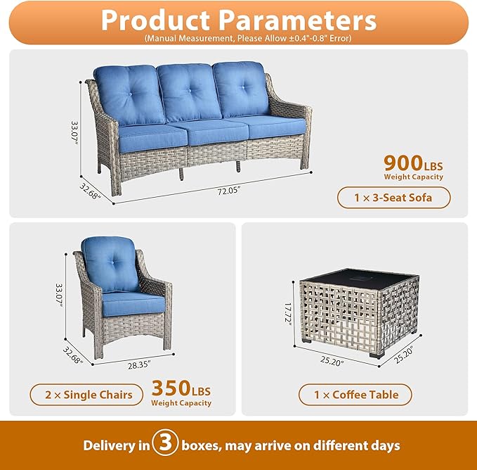 Outdoor Patio Furniture Sets, 4 PCS Patio Conversation Set Outside Rattan Sofa with Solar Light Coffee Table Comfy Cushions Fit Backyard Porch Garden Poolside Balcony,Diamond Blue