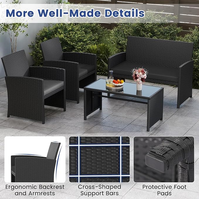 Tangkula 8 Pieces Patio Wicker Furniture Set, Outdoor Heavy Duty Rattan Cushioned Chairs, Loveseat and Tempered Glass Coffee Table, for Backyard, Balcony, Poolside (2, Black)