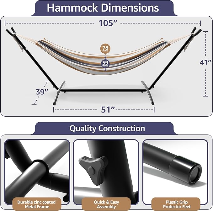 Sorbus 2-Person Hammock with Stand – 60" Cotton Blend Bed, Heavy Duty 450lbs Capacity, Portable with Carrying Case – for Garden, Patio, Outdoor, Camping, Gifts – Washable