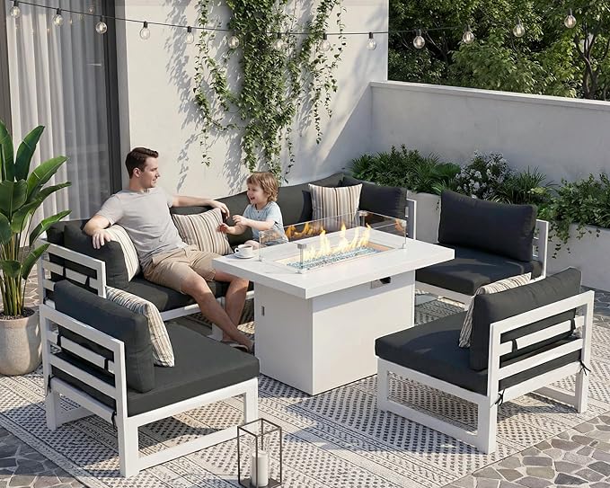 NICESOUL 7 Piece L-Shaped Contemporary Aluminum Outdoor Furniture Set with Firepit, 29" Deep Wide Large Couch Set, 500 lbs High Weight Capacity Modular Patio Sectional Sofa for Garden Lawn, Dark Grey