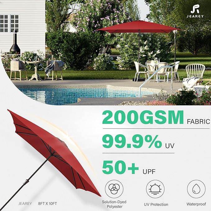 JEAREY 8x10 ft Rectangular Patio Umbrellas Outdoor Table Market Umbrella w/Crank, 8 Sturdy Ribs, UV Protection Windproof Sunproof for Garden, Deck, Backyard, Pool(Red)