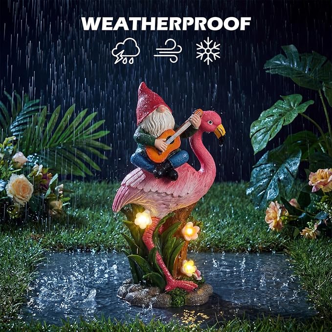EXYGLO Solar Gnome Garden Statue Decor, 10" Gnome Riding Flamingo Outdoor Funny Decoration for Lawn, Patio, Yard, and Unique Housewarming, Birthday Ornament Gift for Mother, Friend, Family