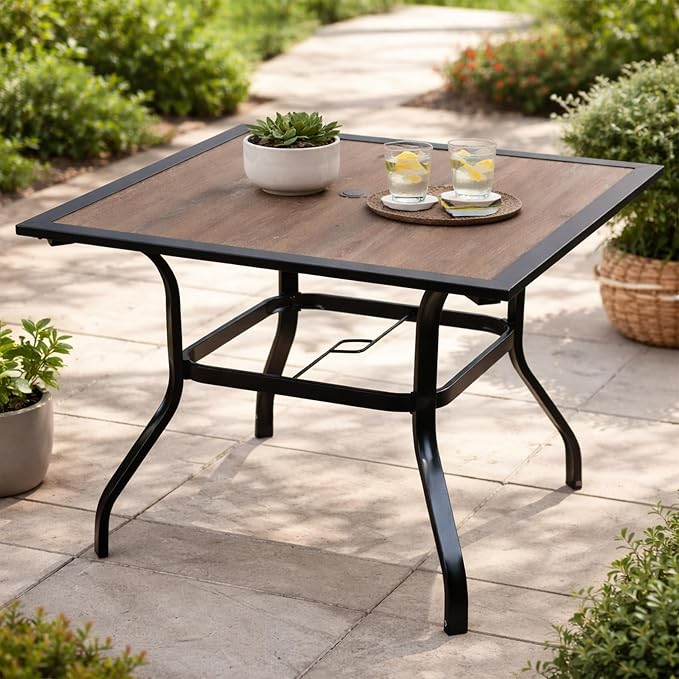 Kozyard 37" Square Outdoor Dining Table for 4, Patio Table with Umbrella Hole, Heavy Duty Steel Frame & Wood-Look Top, Weather Resistant Patio Table for Backyard, Balcony, Garden Black