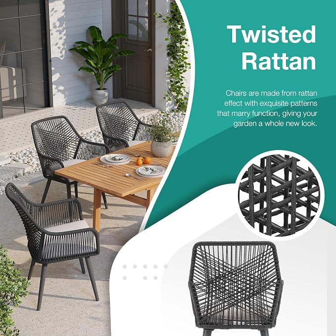 Patiorama 7-Piece Dining Set, Outdoor Dining Table Chair Set, Patio Wicker Dining Table Chair Set with 55"-71" Acacia Wood Expandable Table & Twisted Rattan Chairs for Yard Garden(Black & Cross Back)