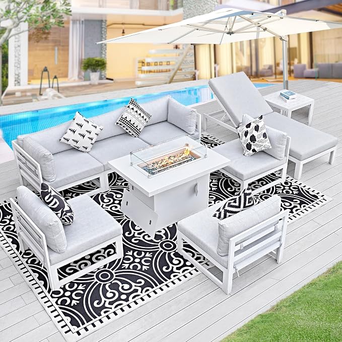 BULEXYARD 7 Seater Extra Large Modern Aluminum Outdoor Sofa with Lay Out Chair & Fire Pit Table, 500 lbs Durable Sectional Set for Heavy People, All Weather Comfy Patio Furniture Set for Garden, White