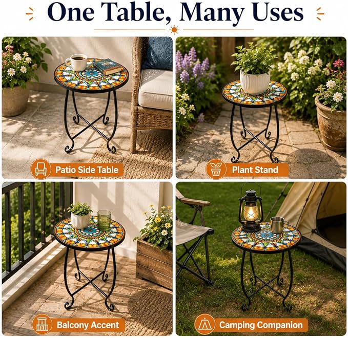 Mosaic Outdoor Side Table Round, 15 Inch Height - Small Patio Table, Foldable Sun Pattern Metal Plant Stand for Garden, Balcony, Porch & Camping