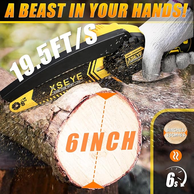 XSEYE Mini Chainsaw Cordless 6", Battery Powered Electric Handheld Chain Saw for Wood Cutter Branch Tree Trimming Garden Tool, Anniversary Birthday Idea for Husband Him, Mens Day Gifts for Father Dad