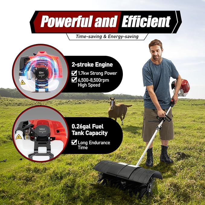 52cc 2-Stroke Handheld Sweeper, 1700W 2.3HP Gas Power Broom Engine Sweeper for Cleaning Boulevards Lawn Garbage and Street Driveways Nylon Brush Sweeping Broom Air Cooled Motor