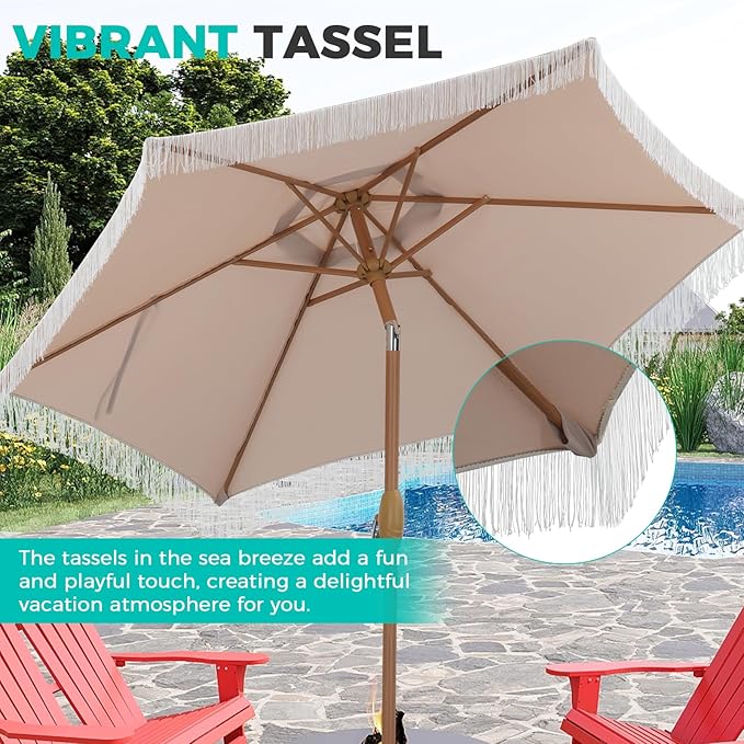 7.5ft Fringe Umbrella,Outdoor Market Umbrella with Push Button Tilt and Crack for Garden, Pool, Deck, Bistro,Khaki