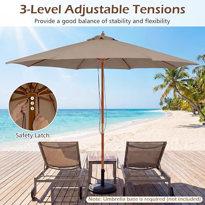Tangkula 9 FT Patio Umbrella, Outdoor Table Market Umbrella with 8 Wooden Ribs, 3 Adjustable Heights, Rope Pulley System for Garden, Vented Top for Pool Backyard Deck Garden