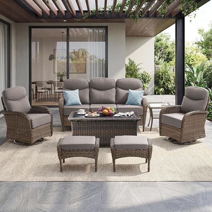Outdoor Swivel Rocking Chair Patio Set (7-Piece), High-Back - Thick Cushion Swivel Rocking Chair Patio Set, All-Weather Wicker Patio Furniture Set, Suitable for Balcony Patios, Brown/Gery