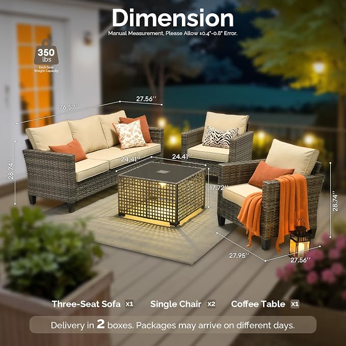 4 Piece Wicker Patio Furniture Set with Solar Table, Beige | Outdoor Deep Seating Sofa Chair, Solar Lights Table, All Weather Rattan, Modern Conversation Set, Porch Deck Backyard