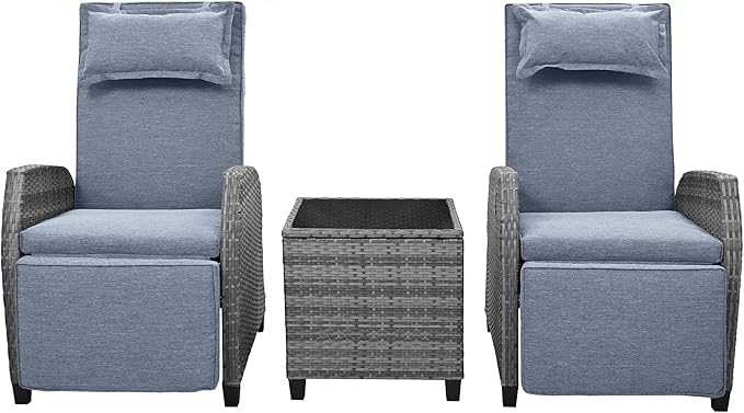 LUMISOL Outdoor Recliner Chairs Set of 2, 3 Piece Rattan Sofa Set, Patio Rocking Chairs Set with Adjustable Footrest, Outdoor Rattan Reclining Chairs with Table & Pillow for Backyard, Porch (Grey)
