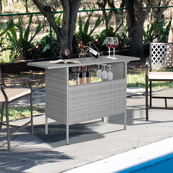 Tangkula Outdoor Wicker Bar Table, Patiojoy All Weather Patio Bar Height Table with 2 Metal Mesh Shelves & 2-Rail Steel Stemware Racks, Rattan Bar Counter Table for Backyard, Poolside (Mix Grey)