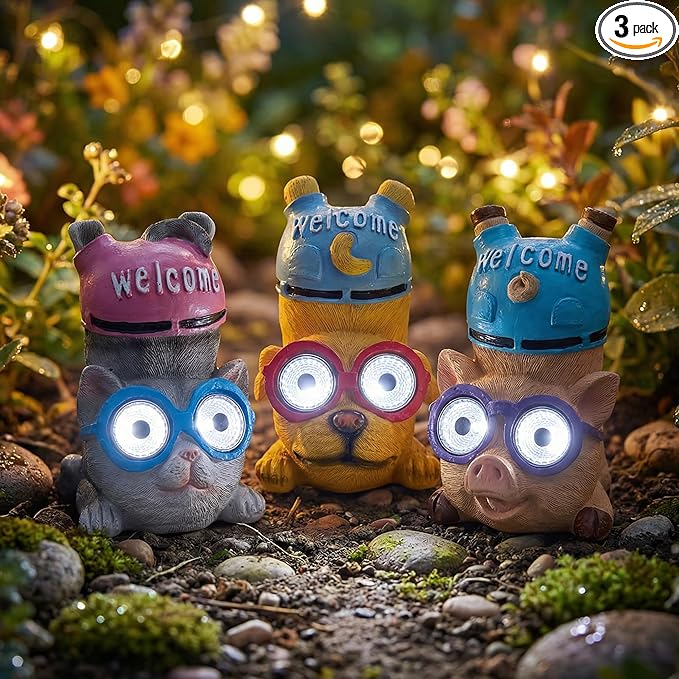 pearlstar 3 Pack Solar Lights Outdoor Garden Statues Resin Animal with Welcome Sign, Cat Dog Pig Solar Figurines LED Lights Waterproof Outside Decor for Patio Yard Lawn Pathway Christmas Ornaments