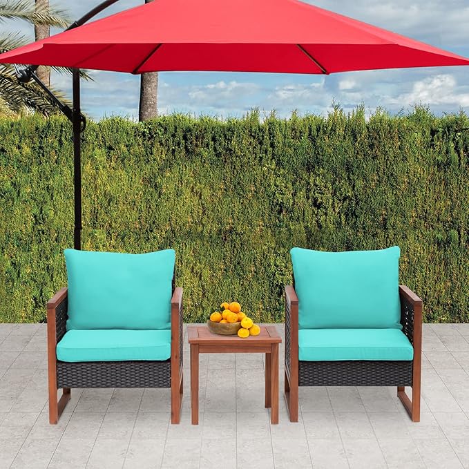 FDW 3-Piece Patio Bistro Set Acacia Wood Outdoor Chat Conversation Table Chair Set Outdoor Wood Chat Set with Water Resistant Cushions and Coffee Table for Beach Backyard Garden,Blue Cushion