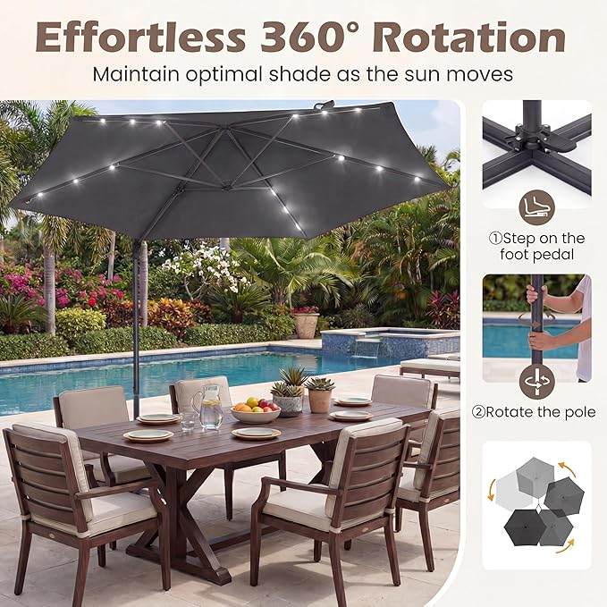HAPPYGRILL 10 FT Patio Umbrella with Solar Lights, Outdoor Offset Cantilever Umbrella with White LED Lights, 360 Degree Rotation, Air Vent for Pool Deck Garden Backyard