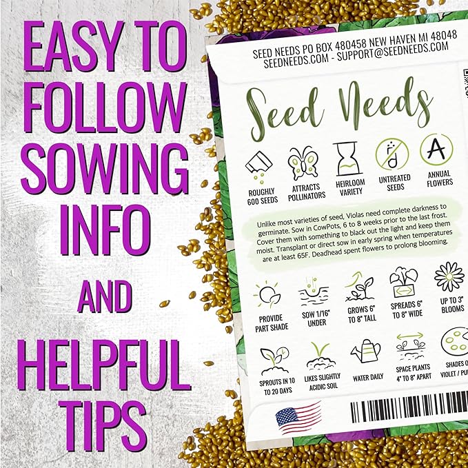 Seed Needs Viola Seeds for Planting King Henry Violas - Heirloom & Open Pollinated Annual Flower Seed to Plant an Outdoor Butterfly Wildflower Garden (1 Pack)