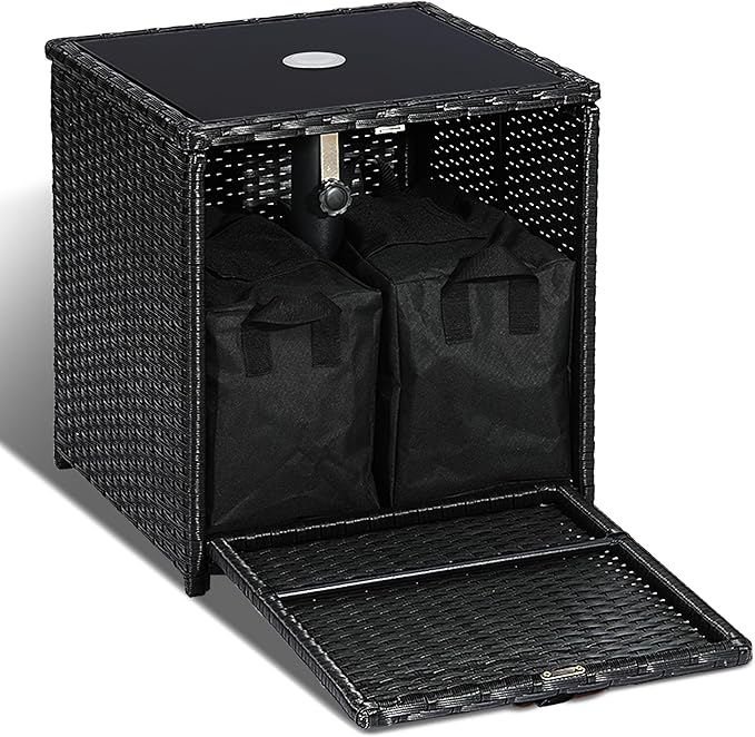 SUNNYPARK Outdoor Umbrella Side Table with 2 Weight Bags, 2-in-1 Patio Table with Umbrella Hole, All-Weather Handwoven PE Rattan Umbrella Base Stand for Deck Yard Garden Balcony Poolside