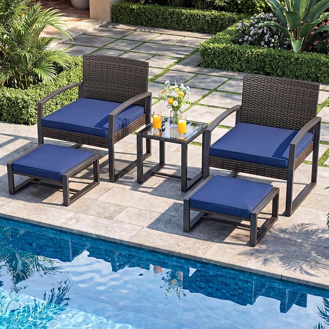 Tangkula 5 Pieces Wicker Patio Conversation Set, Outdoor PE Rattan Chair with Ottoman Set with Glass Side Table, 2-Person Small Balcony Furniture Seating Set with Cushions for Porch, Backyard, Deck