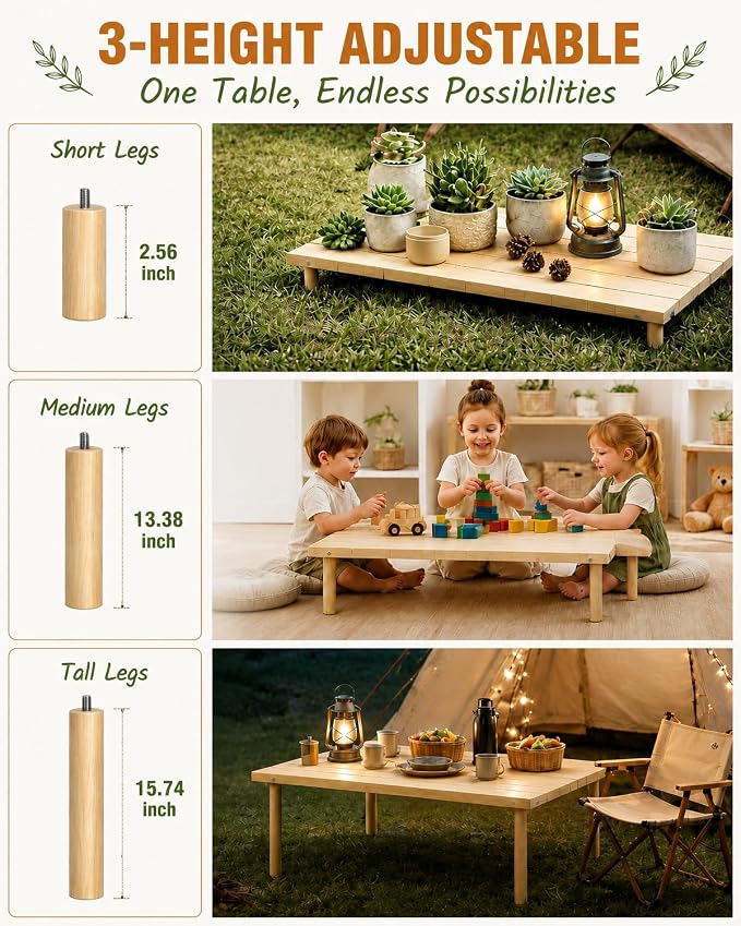 Folding Picnic Table, 60 x 30 in Solid Wood Boho Low Picnic Table with Table Runner, Portable Foldable Floor Table with Adjustable Height for Beach, Camping, Backyard, Wedding & Outdoor Parties