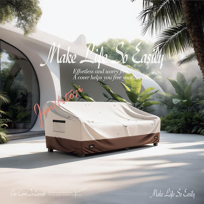 JinHrtoyi 3-Seater Outdoor Couch Cover, 93Wx40Dx35H inches Outdoor Furniture Covers Waterproof,100% Waterproof Heavy Duty Patio Furniture Covers,Beige&Brown Modern Style Outdoor Sofa Cover