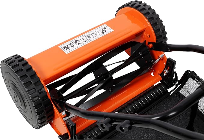 14'' 5-Blade Push Reel Lawn Mower with Grass Catcher, Manual Reel Mower with Adjustable Cutting Height 0.6-1.8'' Eco-Friendly Hand Push Cylinder Mower for Small Yards Orange