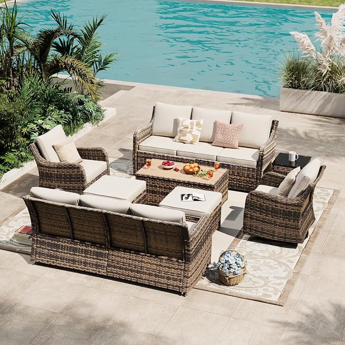 MEISSALIVVE Outdoor Patio Furniture Set with Swivel Chair, 8 Pieces Patio Conversation Set, Patio Sectional Furniture Set with 2 Three-seat Sofa, 2 Ottomans and Coffee Table (Brown)