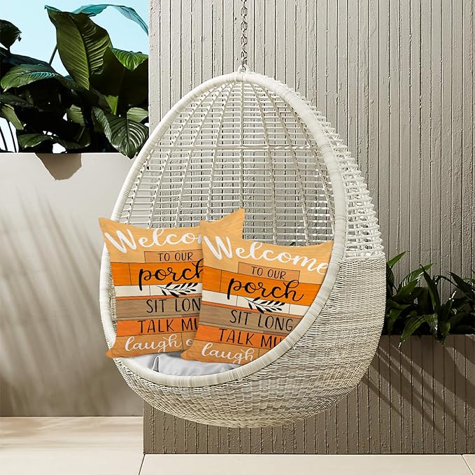 Jartinle Welcome to Our Porch Fall Outdoor Pillow Covers 18x18 Inch Set of 2 Waterproof Tiered Wood Texture Quotes Throw Pillow Covers for Patio Furniture Fall Decor