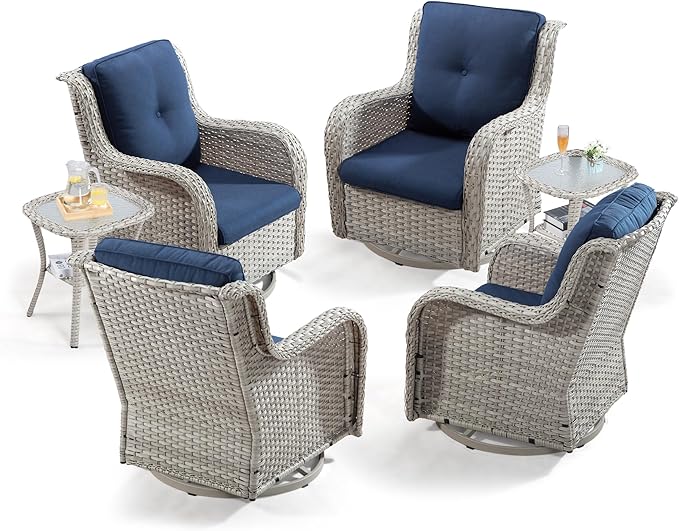 Joyside Outdoor Rocker Swivel Patio Chairs Set of 4 with 2 Matching Side Tables - 6 Pieces Patio Wicker Conversation Set with Premium & Soft Fabric Cushions(Light Grey/Blue)