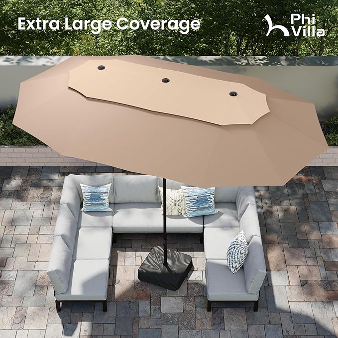 PHI VILLA 15ft Large Patio Umbrellas with Base Included, 2-Tier Outdoor Double-Sided Rectangle Market Umbrella with Stand, Outside Umbrellas for Poolside Lawn Backyard, Beige&Tan