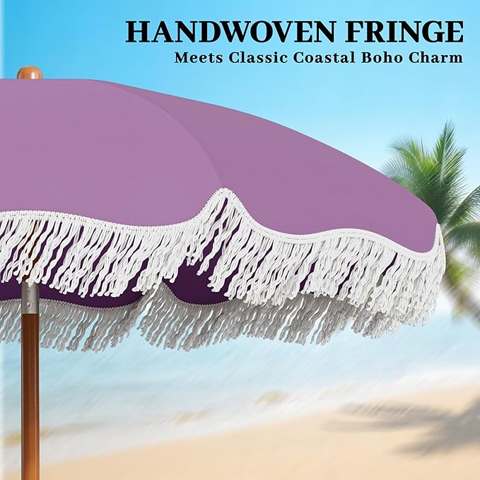 AreShark 7ft Patio Umbrella with Fringe, UPF50+ Beach Umbrella for Table, Pool & Garden, Portable Outdoor Tassels Umbrella w/Fiberglass Ribs&Push Bottom Tilt(Lavender)