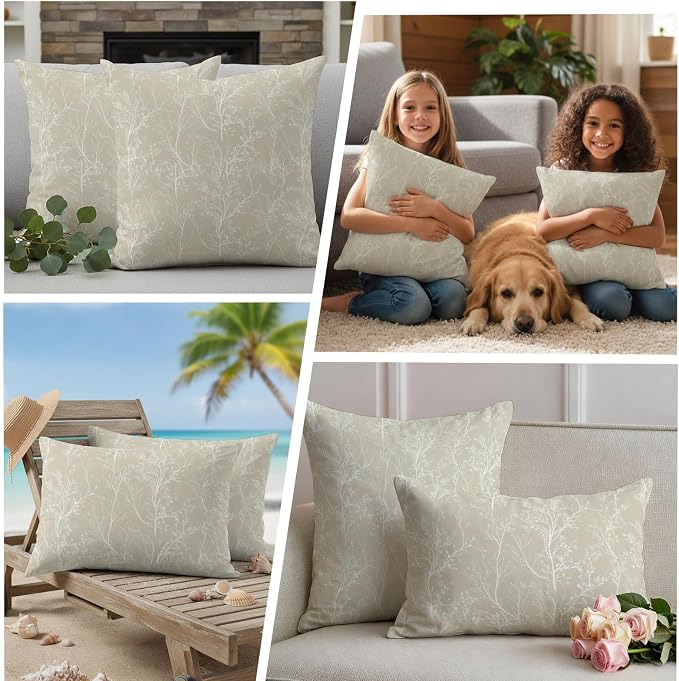 Beige Branches Waterproof Outdoor Pillow Covers Set of 2 Home Decor, Abstract Art Leaves Plant Pillowcase Patio Pillow Covers for Couch Bench Patio Furniture Garden 24x24in